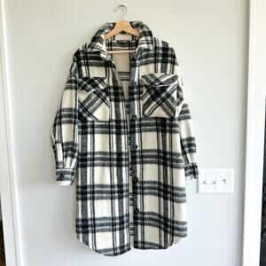 Steve Madden Plaid Mid-Length Button Front Shirt Jacket Ivory/Black S